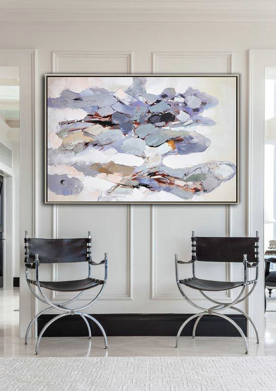Handmade Extra Large Contemporary Painting,Oversized Horizontal Contemporary Art,Abstract Painting Modern Art,White,Grey,Pink,Blue,Yellow.etc